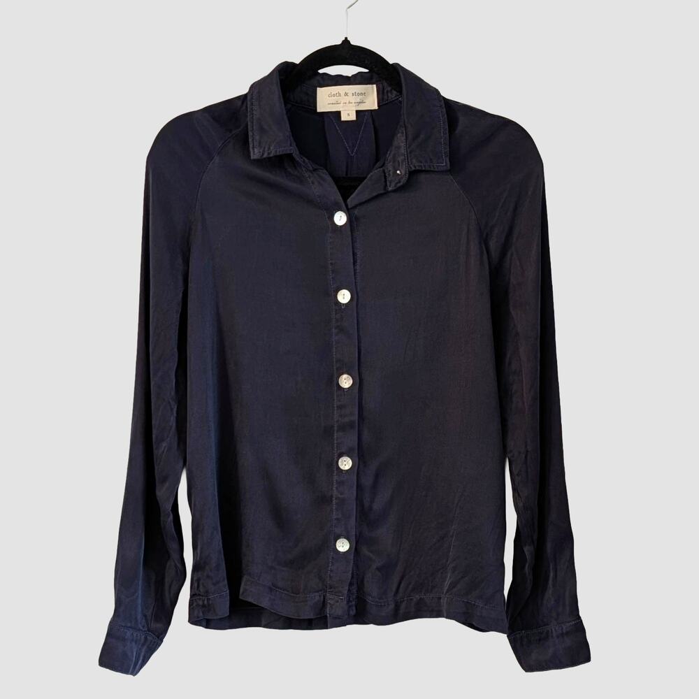 Cloth & Stone Cupro Rayon Button Down Shirt Navy Blue Drapey Blouse S